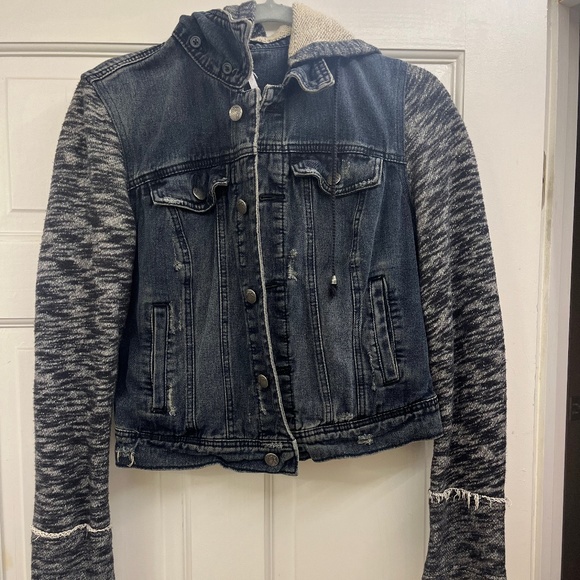 FREE PEOPLE NWT Denim Knit Hoodie Denim Jacket in BLACK Wash // S - Picture 1 of 13